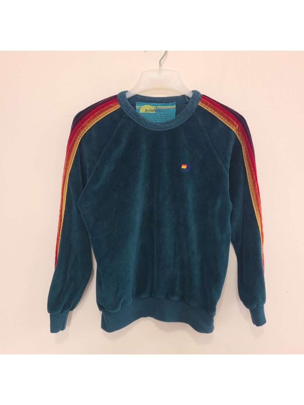 Aviator Nation Sweatshirt size S Green Velour Retro Rainbow Stripe Made USA